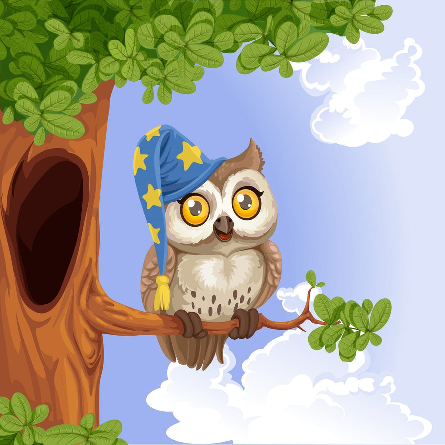 A nursery with a crib, round mirror, and toys. The wall features the Owl Wearing Hat Wall Mural, showing an owl in a wizard hat on a tree branch with green leaves and blue sky. Warm sunlight comes through curtained windows.