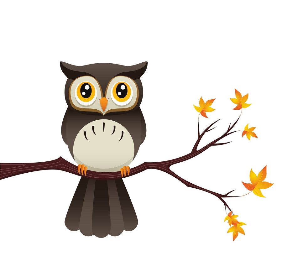 A nursery room with a white crib, dresser with decor and plants, and the Owl on A Branch Wall Mural featuring a cartoon owl among autumn leaves. The space has wooden floors, light walls, and framed photos on shelves.