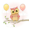 The Nursery 11 Wall Mural by Deposit Photo features a charming cartoon owl with brown and red feathers sitting on a branch with green leaves, large yellow eyes, and a cheerful expression. Two balloons add whimsy to the scene, making it ideal for any playful space.