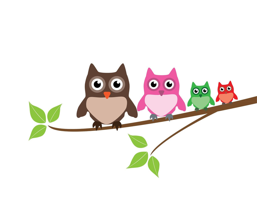 A modern nursery with a white crib, dresser, and plant features the Owls Wall Mural—four colorful cartoon owls on a branch—adding playful charm above wooden flooring and framed pictures on the shelf.