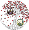 The Owls in Love Tree Wall Mural by Deposit photo features a whimsical illustration with two owls on a tree adorned with heart-shaped leaves. One owl wears a pink bow while the other sleeps, creating a romantic theme perfect for removable wallpaper or peel and stick wall murals.