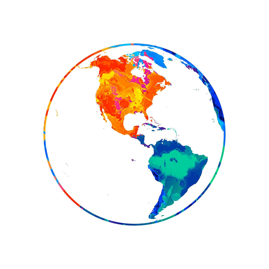 The Painted Globe Wall Mural features a colorful artistic depiction of Earth centered on the Americas. North America's warm reds and oranges transition into Central and South America's greens and blues, set against a plain white background, perfect for peel and stick application.