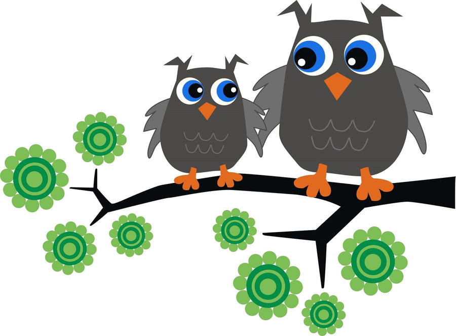 A modern nursery with a white crib, dresser, and plant features the Pair of Gray Owls Wall Mural—two cartoon owls on a branch with green flowers. Shelves and framed pictures hang above the dresser; a gray rug and green turtle plush sit on the floor.