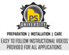 Logo with a circle and yellow abstract center labeled "PS University." Below, it reads "Preparation | Installation | Care," followed by text: "Easy-to-follow instructional videos provided for all applications like the Nations in Text Wall Mural removable wallpaper, and peel-and-stick wall murals.