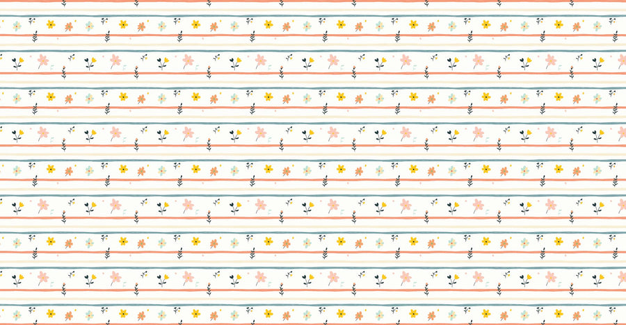 A bright nursery features a crib, rocking chair with teddy bear, bookshelf, lamp, large window, and a patterned rug. The wall showcases playful horizontal stripes with colorful floral designs from the Pastel Floral Harmony Wall Mural.
