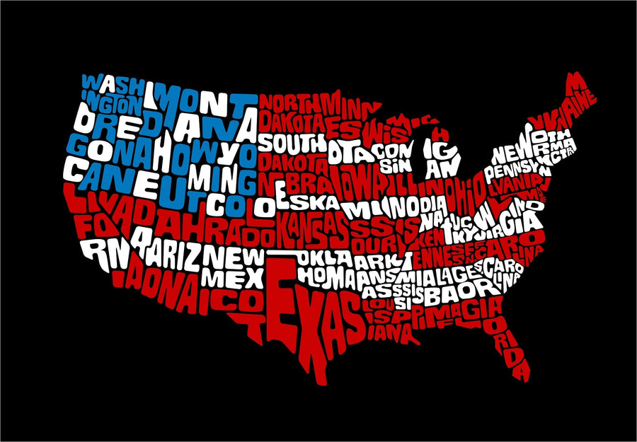 Map 14 Wall Mural features a bold map of the US with each state's name in large white, red, or blue text filling its shape on a black background. Texas stands out as the largest. Ideal for removable wallpaper or custom printed murals.
