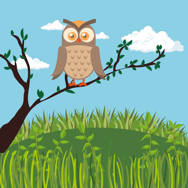 The Nursery 7 Wall Mural by photo features a large-eyed illustrated owl with orange feet on a branch against a blue sky. A lush green landscape with grass and leafy plants creates a calm, serene scene, ideal as a peel and stick wall mural for your space.