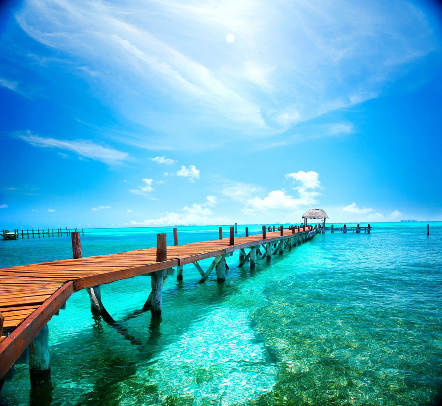 Modern open-plan living and dining room with wood floors, stylish furniture, and the Pier Into Paradise Wall Mural—featuring a tropical pier over turquoise waters under a blue sky—for an easy-to-update, vibrant, relaxing atmosphere.