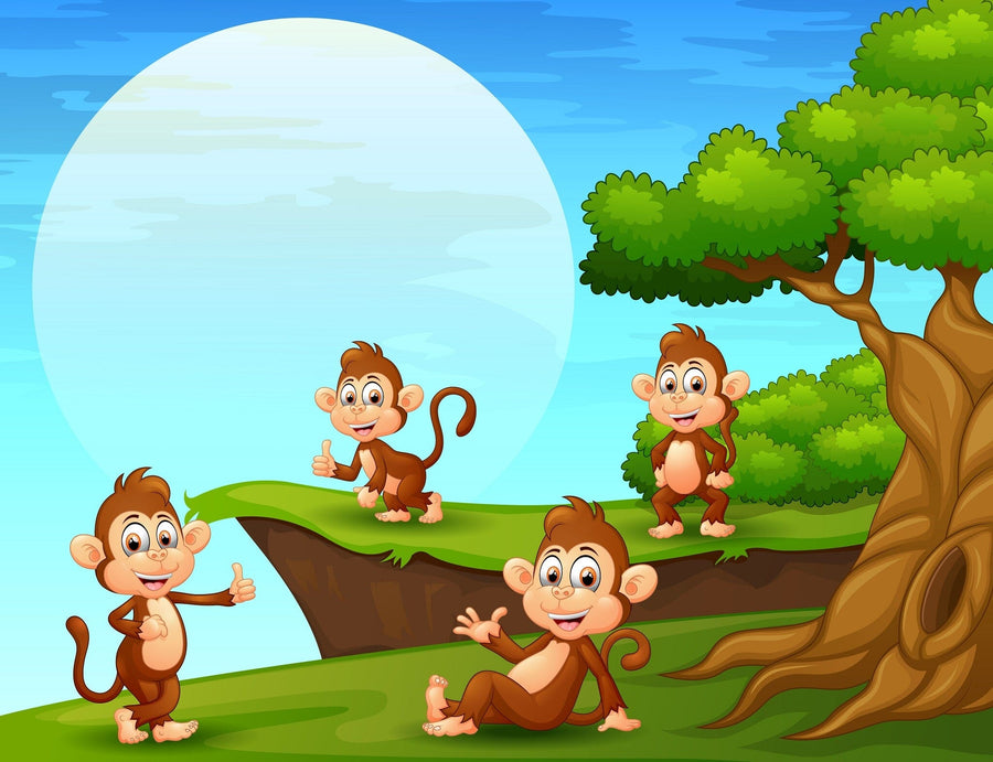 The Nursery 19 Wall Mural features four playful cartoon monkeys on a grassy cliff under a vibrant blue sky and large white sun. Two stand at the edge, another sits with a thumbs up, while others relax in the shade of the tree's lush canopy.