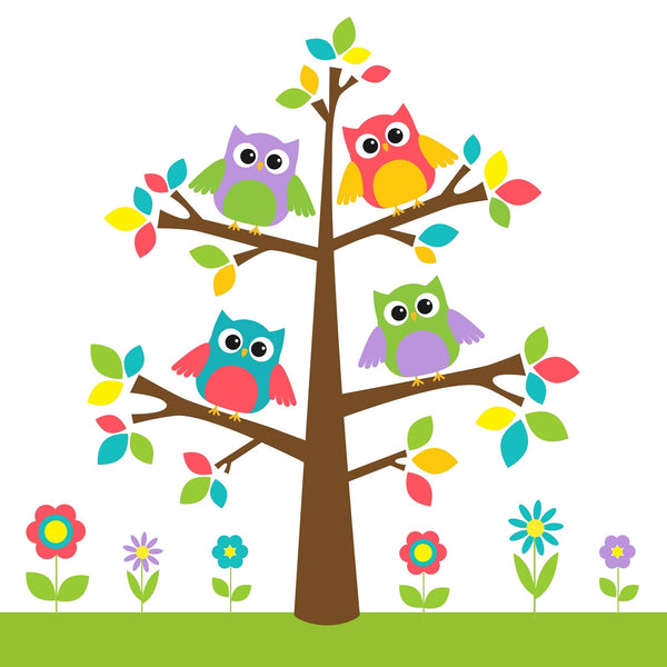 Introducing the "Playful Owl Family Tree Wall Mural" by Photo, featuring three uniquely colored cartoon owls—purple with green, red with blue, and pink with orange—perched on a tree adorned with multicolored leaves above vibrant, variously shaped flowers.