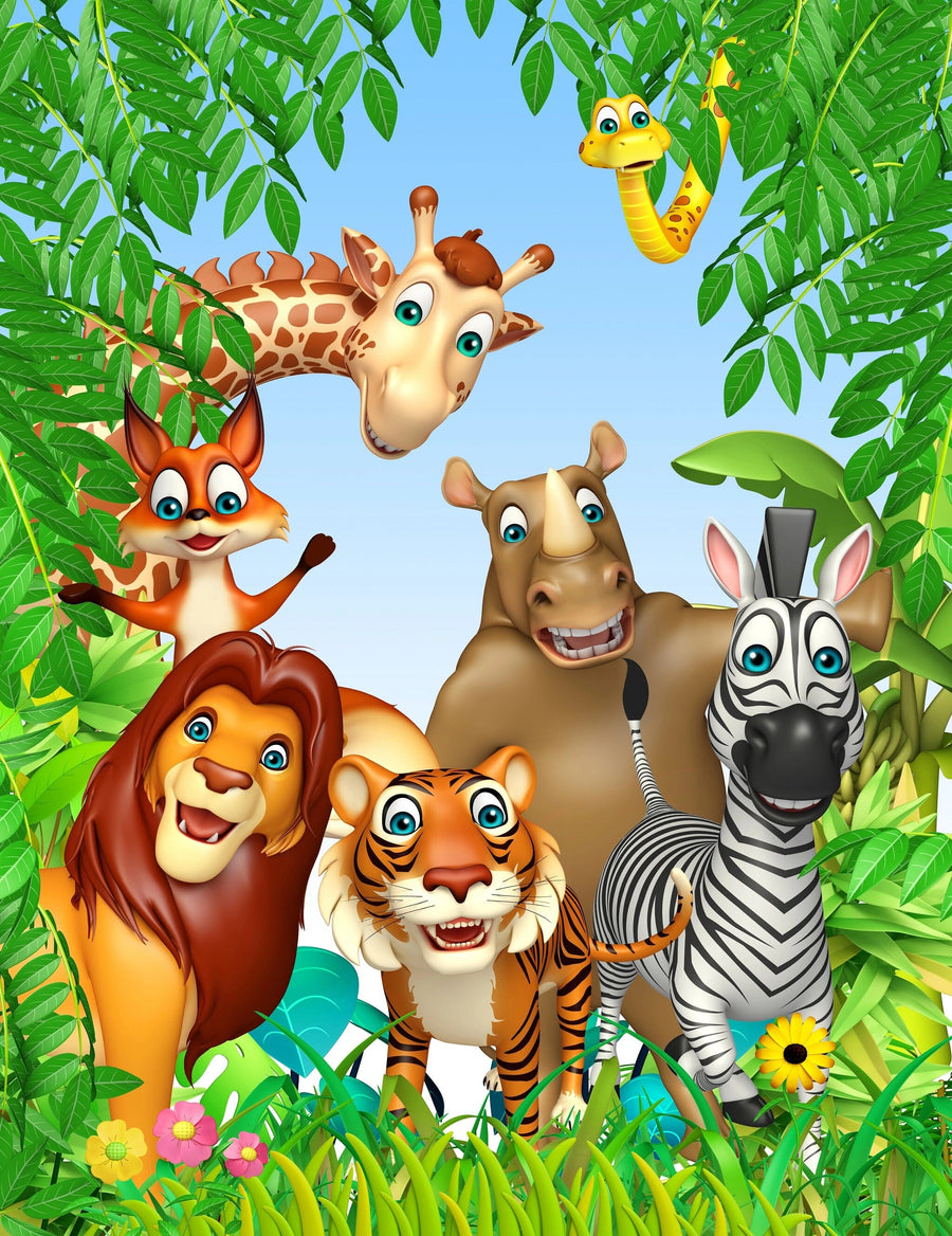A nursery features the Playful Wild Friends Wall Mural—jungle-themed with cartoon giraffe, monkey, hippo, zebra, lion, and tiger among green leaves—plus a white crib with orange bedding, woven baskets, a round mirror, and wooden floors.