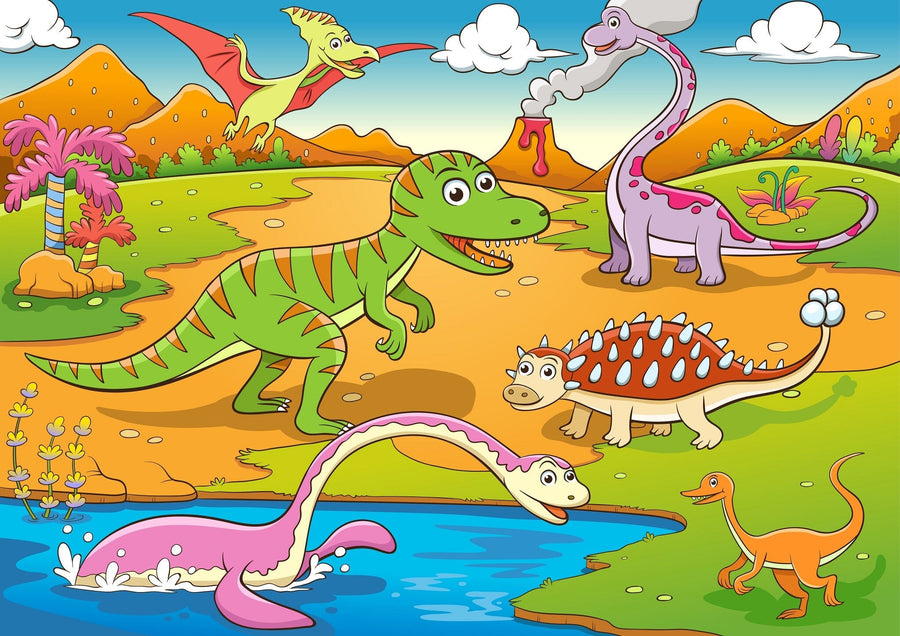A nursery featuring the Prehistoric Party Wall Mural with cartoon dinosaurs and a volcano, a white crib, dresser with plant, toys, books, framed photos on shelves, hardwood floors, and a gray and white rug.