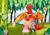 Transform your child’s space with the Nursery 7 Wall Mural: a red dragon with yellow wings, princess and knight, fairies, trees, rainbow sky, and green grass. This magical peel and stick wallpaper is perfect for dreamy rooms.