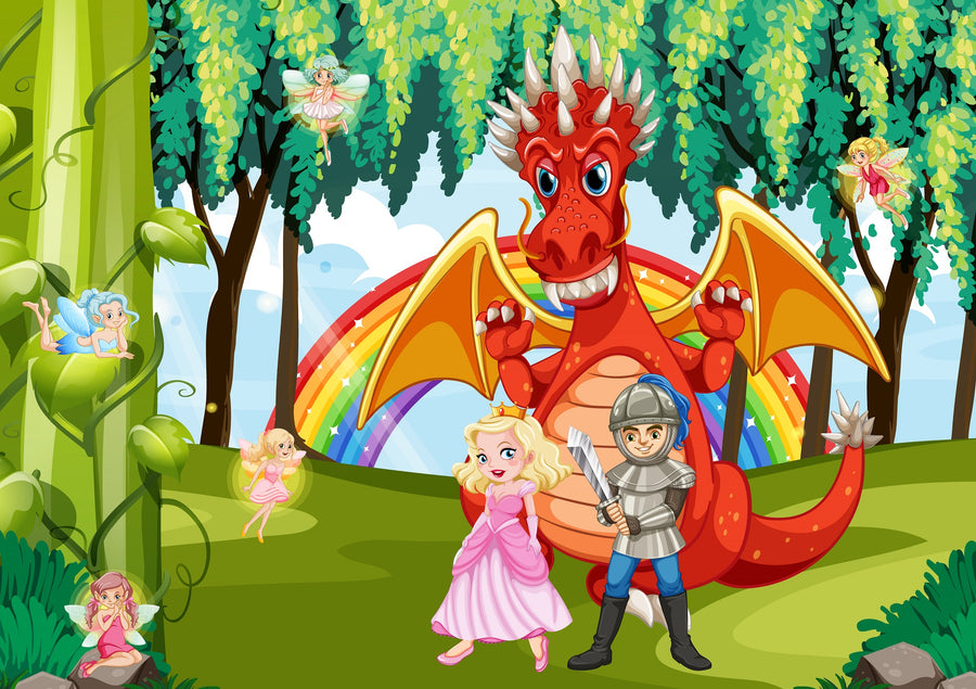 A children’s bedroom showcases the Princess and Brave Knight Wall Mural, featuring a red dragon, knight, and princess in a vibrant forest. Sunlight brightens the crib, rocking horse, toys, and white furniture with wood accents.