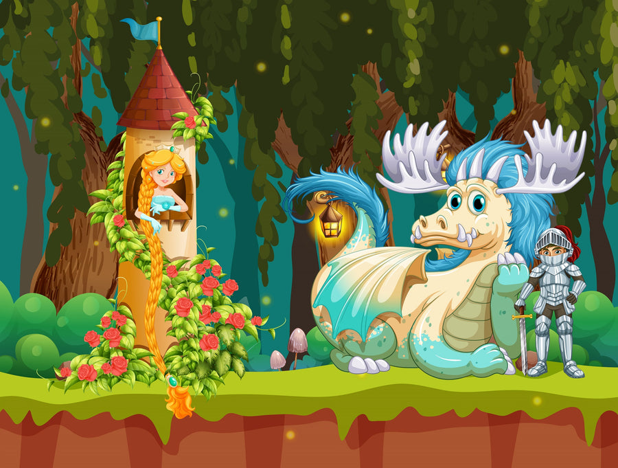 A sunlit nursery with a crib, rocking horse, toys, and the Princess in the Tower Wall Mural—featuring a princess, blue dragon, knight, and forest. Blue curtains and playful decor create a whimsical atmosphere.