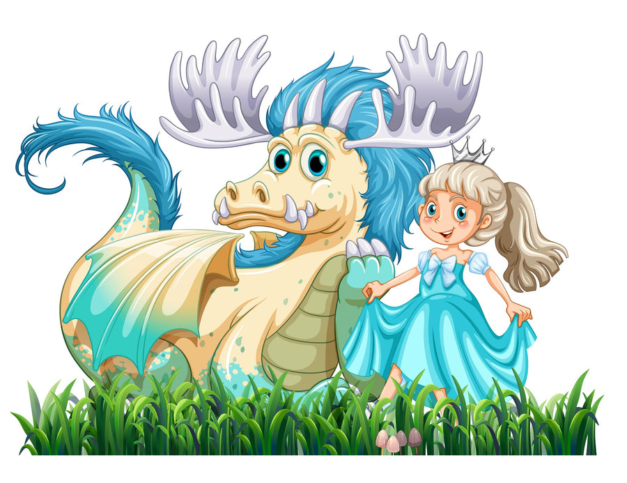 A cheerful kids’ room decorated with the "Princess with Dragon Wall Mural," showing a blue dragon with antlers and a smiling girl in grass. The space includes a crib, rocking horse, toy blocks, blue curtains, basket, and white furniture.