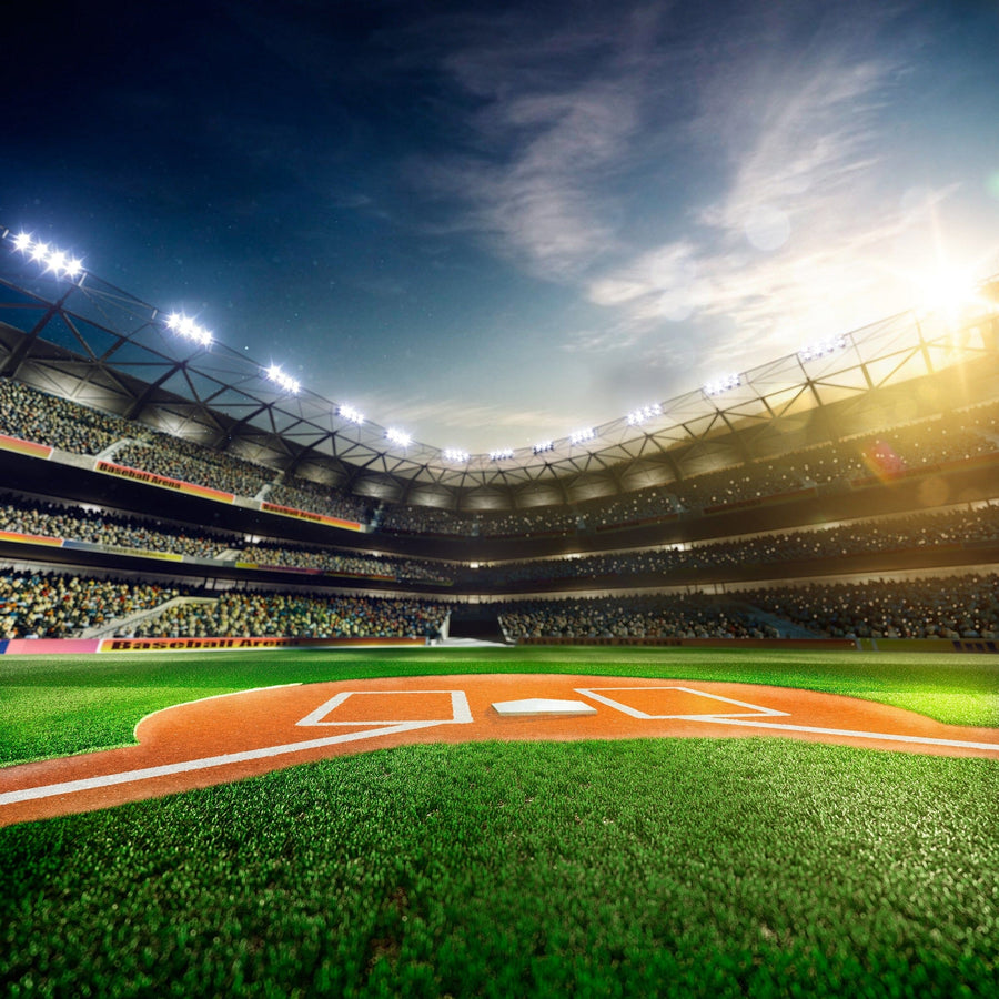 A modern bedroom features a desk, computer, swivel chair, single bed with pillows, and white wardrobe. Behind the bed is the Baseball Grand Arena in Sunlight Wall Mural, its vibrant stadium scene energizing the space.