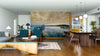 A modern open-concept living and dining area with wood floors, teal armchairs, a unique coffee table, and a rug features the Quiet Pier Wall Mural—a peel and stick design depicting a tranquil lake at sunset as a serene focal point.