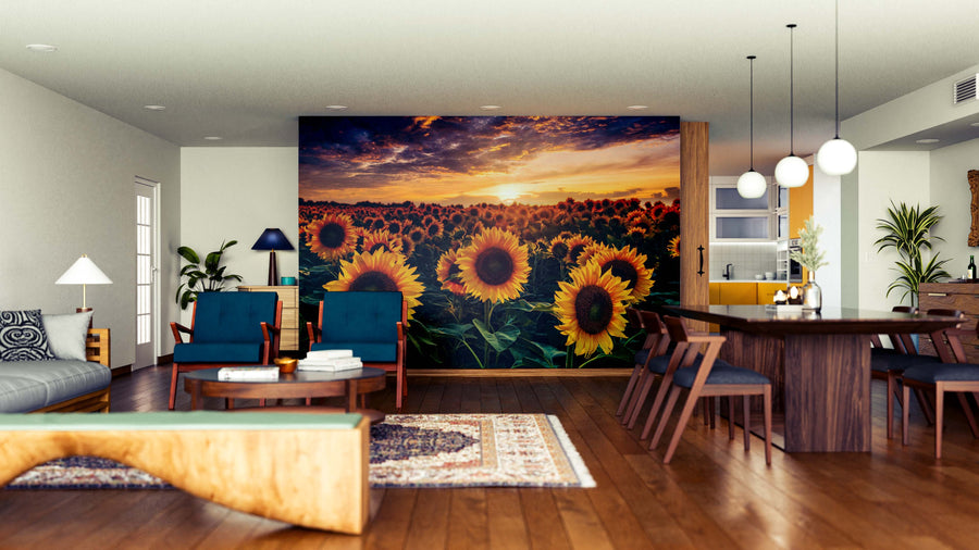 Modern open-plan living and dining room with wooden floors, contemporary furniture, and the Radiant Field Glow Wall Mural, featuring sunflowers at sunset as a vibrant focal point. Soft lighting and indoor plants complete the cozy, inviting space.