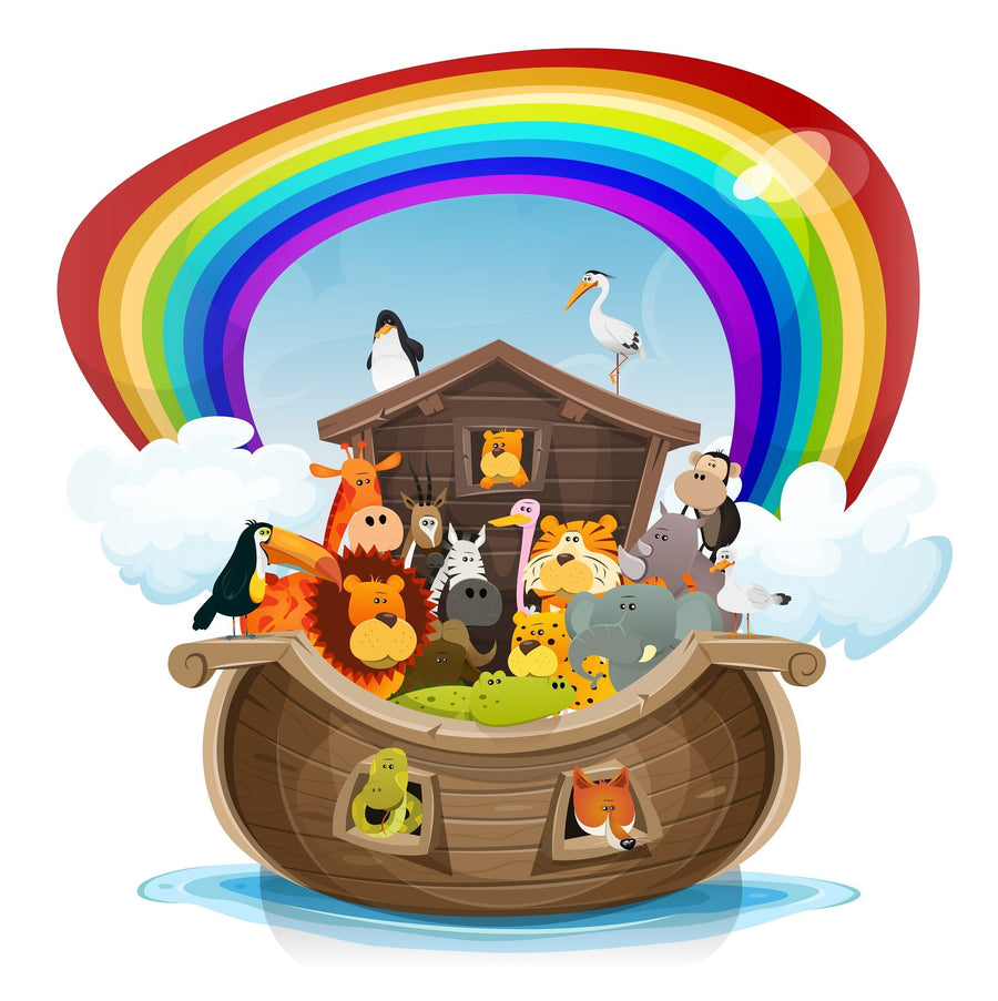 A bright nursery with a crib, rocking horse, toys, and a large Rainbow Ark Wall Mural. Sunlight streams through the window, illuminating the cozy, organized room and its colorful mural of animals under a rainbow.