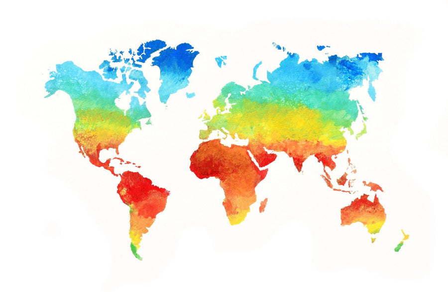 The Rainbow Earth Wall Mural is a peel and stick watercolor map with continents shaded in a blue-to-red gradient on a white background, featuring no borders or country names.