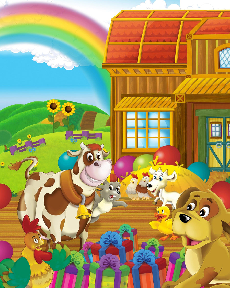A bright nursery features a crib, rocking horse, toy basket, and white wardrobe. The Rainbow Farm Party Wall Mural adds whimsy to the space as sunlight streams through sheer curtains, creating a cheerful atmosphere.