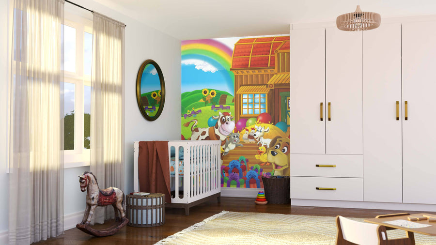 A bright nursery features a crib, rocking horse, toy basket, and white wardrobe. The Rainbow Farm Party Wall Mural adds whimsy to the space as sunlight streams through sheer curtains, creating a cheerful atmosphere.