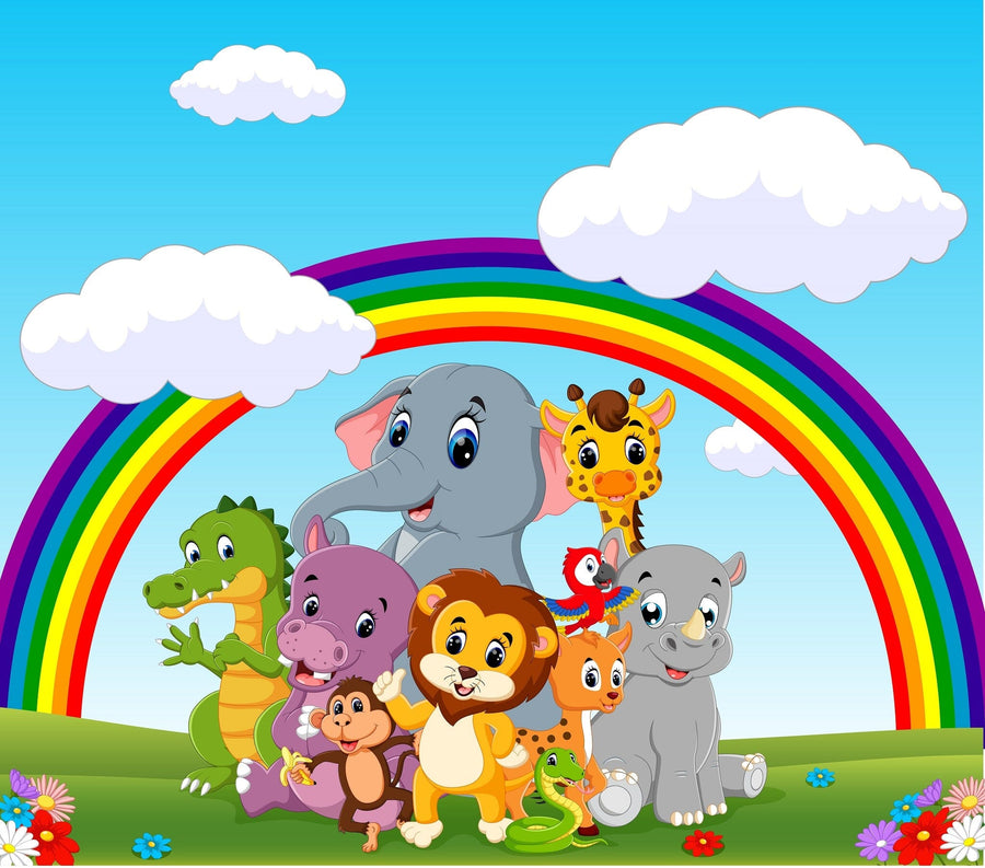 A bright nursery with white walls and light wood flooring features the Rainbow Jungle Friends Wall Mural. The room includes a crib, rocking horse, round basket, and a window with beige curtains.