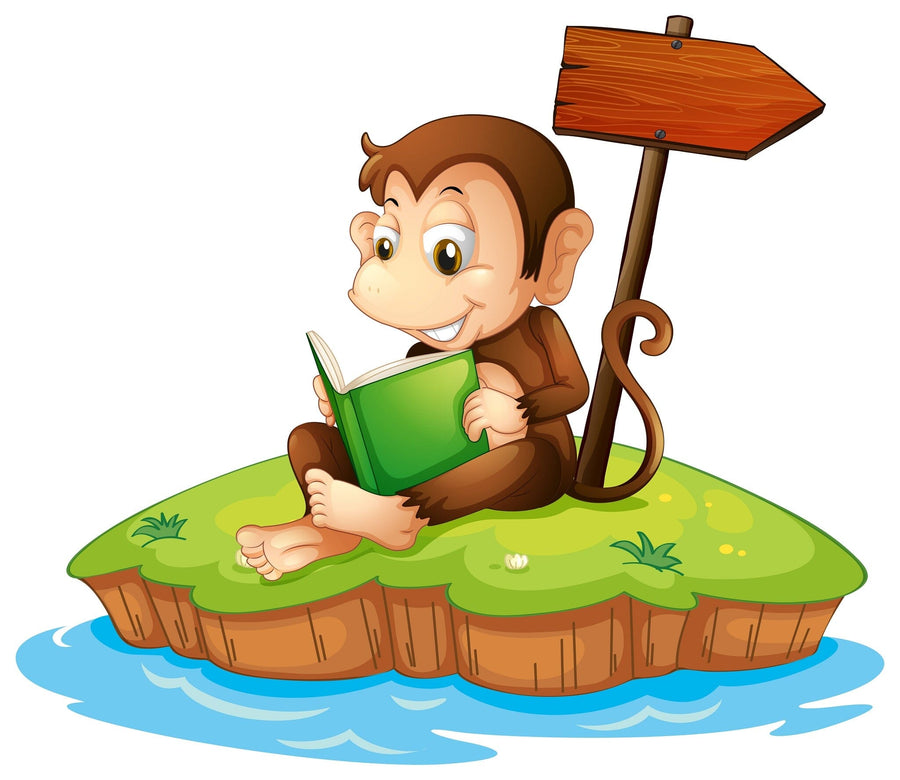 A nursery room includes a crib, dresser, and shelves. The wall is adorned with the Reading Monkey Wall Mural featuring a cartoon monkey on a grassy island with a red signpost. Gray decor, toys, and framed photos add to the cozy vibe.