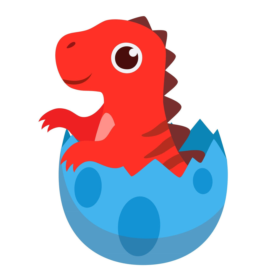 A children’s bedroom features a crib, toy rocking horse, and storage units. The Red Dino Hatching Wall Mural—a colorful peel and stick mural of a smiling red cartoon dinosaur—decorates the wall, while sunlight through sheer curtains brightens the space.
