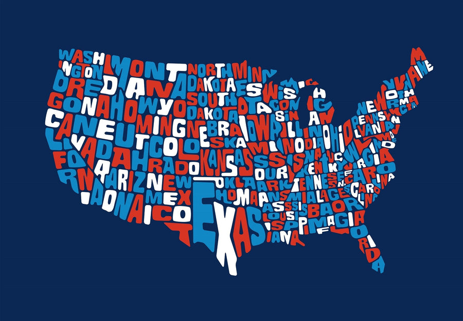 The Red White Blue States Wall Mural is a peel-and-stick map of the U.S. featuring state names in bold red, white, or blue overlapping letters on a dark blue background. State borders are visible—ideal as removable wallpaper.