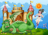 The Nursery 3 Wall Mural features a smiling green dragon with white wings by a fairytale castle, while a superhero-costumed woman runs nearby—bright flowers and flags create a magical scene perfect for any child's space.