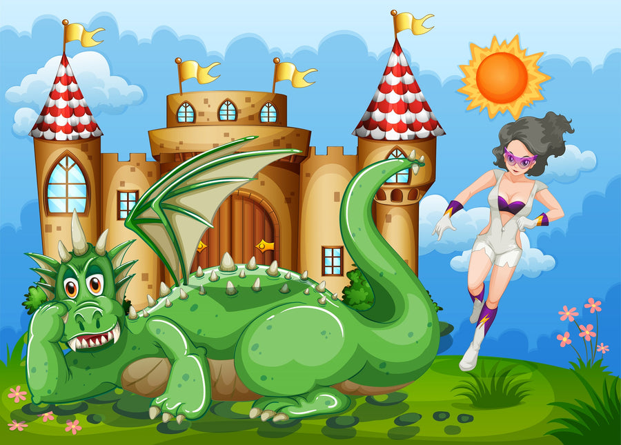 A bright nursery features the Resting Dragon Wall Mural with a green dragon, castle, and superhero woman. The room includes a crib, rocking horse, toys, window with sheer curtains, round mirror, and white furniture.