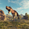 The Roaring Apex Wall Mural features a fierce Tyrannosaurus rex striding through a sunlit, grassy prehistoric scene—an epic, peel and stick removable wallpaper that's perfect for any room.
