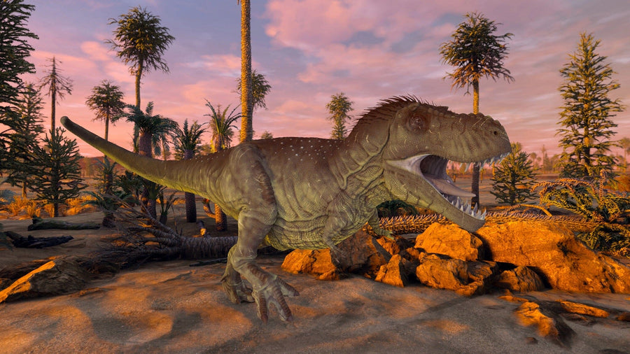 The Roaring Jurassic Giant Wall Mural features a large green T. rex with sharp teeth, roaring on rocky ground among palms and ferns under a pink-orange sunset—perfect for custom printed murals or removable wallpaper.