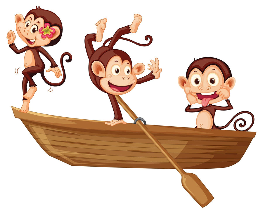 A bright, modern nursery is decorated with the Rowboat Monkeys Wall Mural and includes a crib, wardrobe, circular mirror, rocking horse, basket, toys on the floor, and sunlight streaming through sheer curtains.