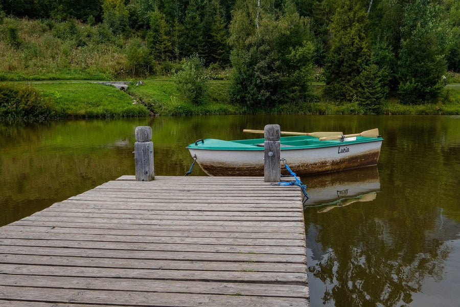 A modern open-plan living and dining area with wooden floors and furniture features the Rowboat Rest Wall Mural on the back wall, depicting a dock leading to a rowboat on a calm lake, bringing serene nature indoors.
