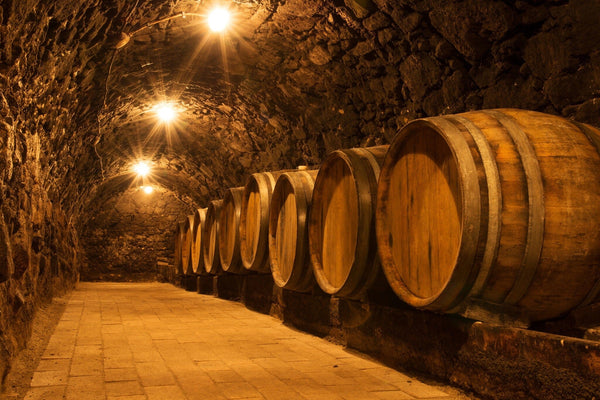 A cozy, rustic stone wine cellar features the enchanting "Wine 1 Wall Mural" from Deposit Photo. Wooden barrels line the right wall, and warm lights hanging from the arched ceiling softly illuminate the cobblestone floor.