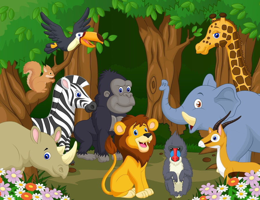 A nursery with a white crib and dresser features the Safari Adventure Wall Mural, showing cartoon animals—zebra, lion, gorilla, elephant, giraffe, toucan, penguin, squirrel—amid trees. Decorative shelves and framed photos adorn the walls.