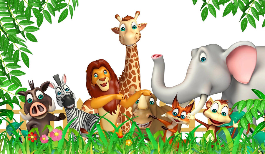 A bright nursery with a crib, toys, and the Safari Adventure Gang Wall Mural—featuring smiling cartoon jungle animals among lush green leaves—creates a cheerful space filled with natural light and playful decor.