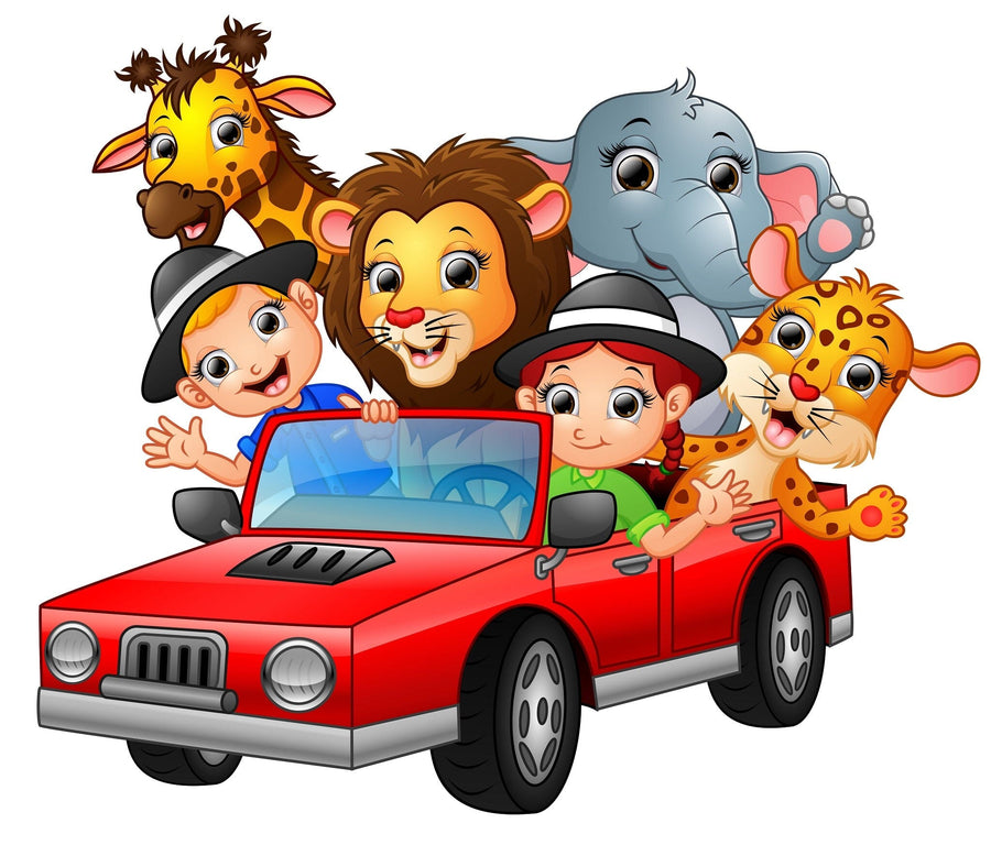 A bright nursery features a crib, round mirror, and the Safari Adventure Ride Wall Mural—a custom print showing two smiling children driving a red car with cartoon animals. Sunlight streams in, making the space cheerful and inviting.