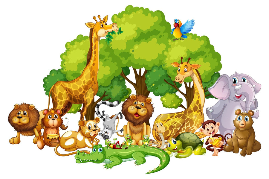 A bright nursery features the Safari Animal Party Wall Mural with lions, giraffes, zebras, and elephants under trees. The room includes a crib, rocking horse, toys, round mirror, light wood floors, and large windows with sheer curtains.