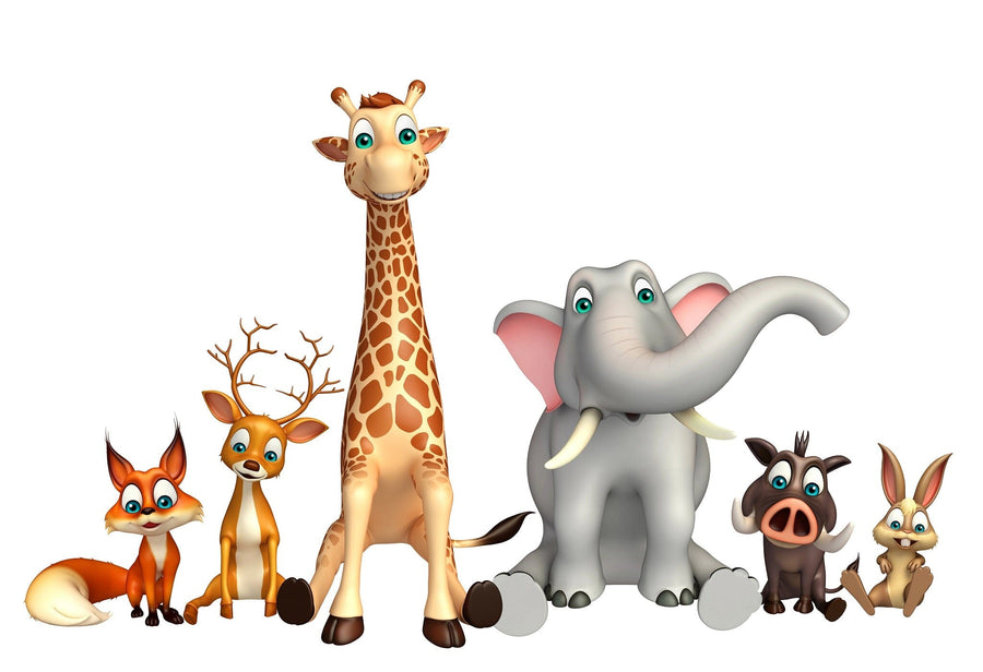 A modern nursery with a white crib, dresser, and plant. The wall features cartoon animal decals and the Safari Crew Wall Mural showing a fox, deer, giraffe, elephant, zebra, and monkey. Floating shelves display photos and stuffed animals above the wood floor.