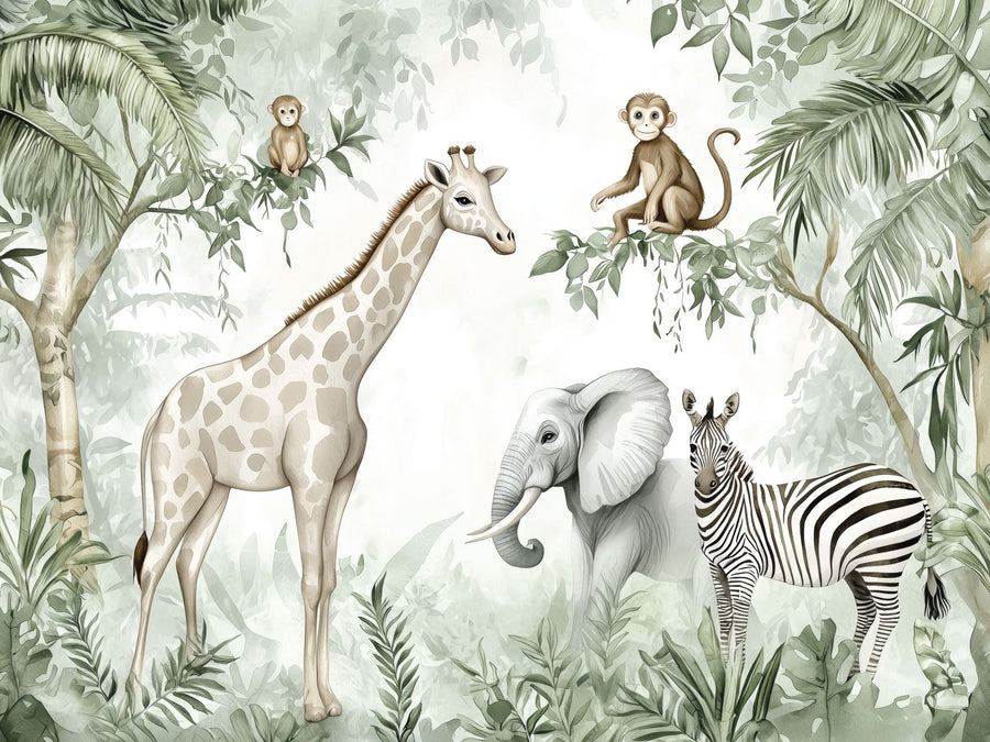 A nursery with a crib, changing table, and Safari Friends Wall Mural featuring jungle animals. The room includes a soft rug, toy shelves, framed photos, a large potted plant, and hardwood floors.