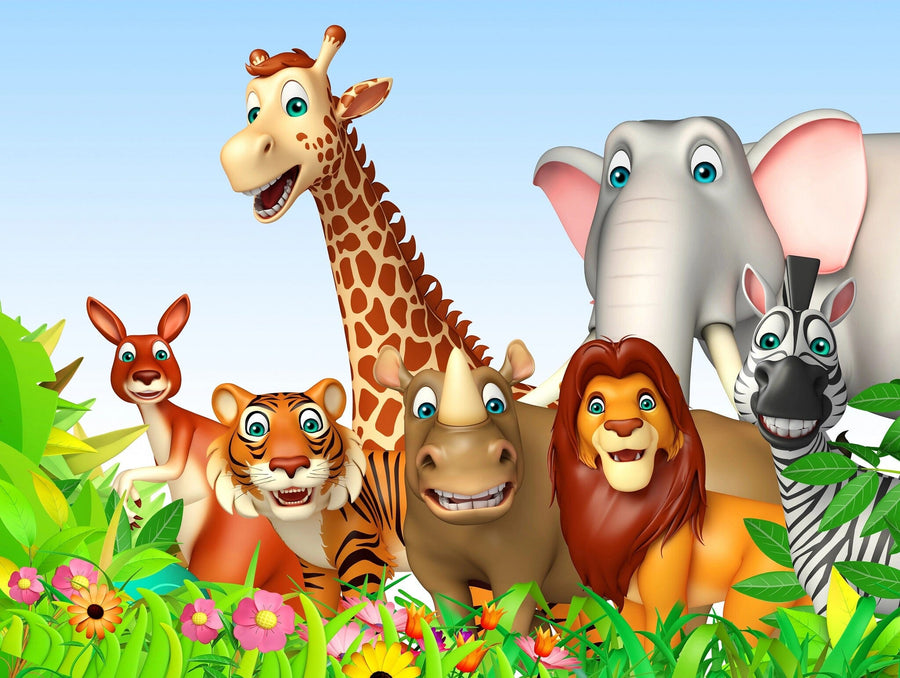 A bright nursery is decorated with the Safari Squad Wall Mural—featuring giraffe, tiger, lion, elephant, zebra, monkey, and deer—behind a white crib. Light walls, wood floors, toys, and soft natural light complete the cheerful space.