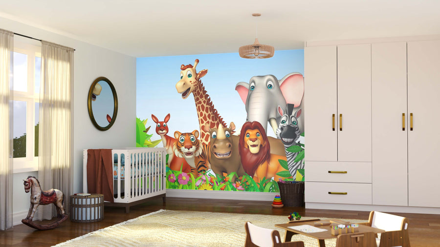 A bright nursery is decorated with the Safari Squad Wall Mural—featuring giraffe, tiger, lion, elephant, zebra, monkey, and deer—behind a white crib. Light walls, wood floors, toys, and soft natural light complete the cheerful space.