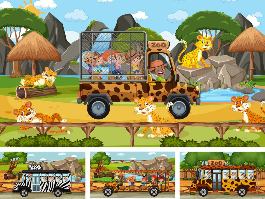 A nursery with a crib, round mirror, and toy storage features the Safari Tour Wall Mural—peel and stick decor showing cartoon animals in a jeep on safari. Lions, zebras, giraffes, and huts add a playful jungle theme that’s easy to update.