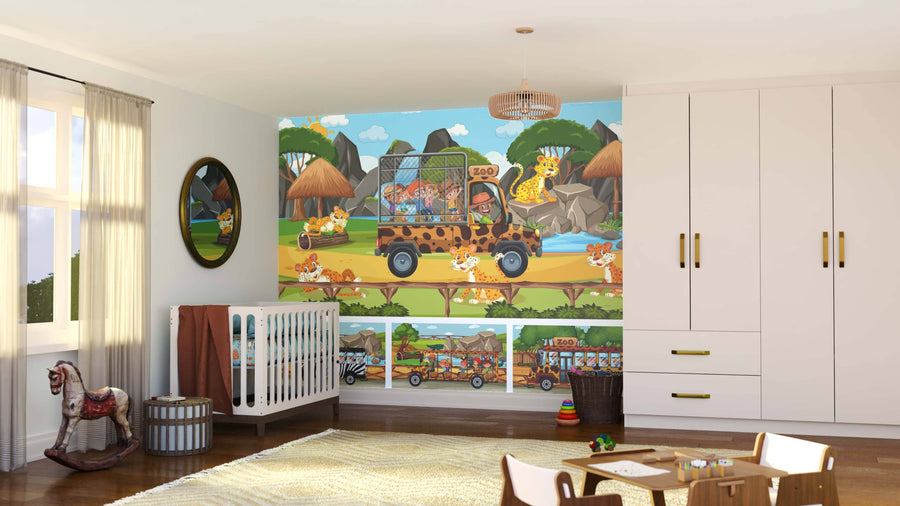 A nursery with a crib, round mirror, and toy storage features the Safari Tour Wall Mural—peel and stick decor showing cartoon animals in a jeep on safari. Lions, zebras, giraffes, and huts add a playful jungle theme that’s easy to update.