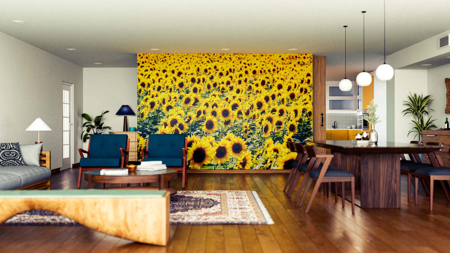 A spacious living and dining area with wooden floors, blue chairs, and a Sea of Sunflowers Wall Mural. Modern pendant lights hang above a dark dining table, while plants and rugs add warmth to the stylish, open space.