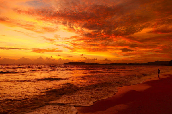 Person walking on beach at sunset with sea water in background – Peel and Stick Wall Murals